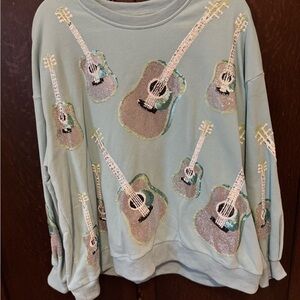 QUEEN OF SPARKLES Sequin Guitar Sweatshirt - Light Blue